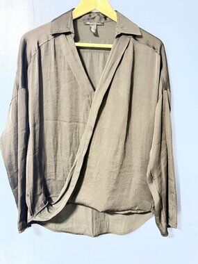 Kenneth Cole New York Long-Sleeve Draped Wrap V Neck Blouse Top--Black--XS/TP